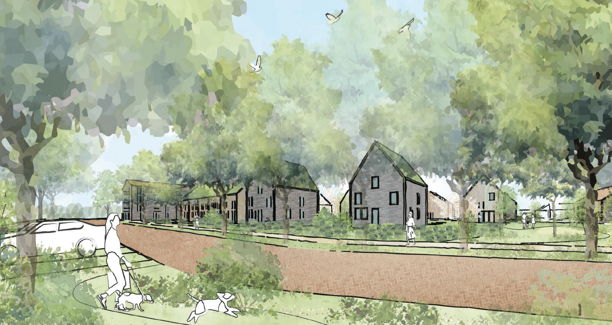 Impressie afbeelding van de toekomstige wijk van 't Suyt 2 met woningen en buren die elkaar groeten.