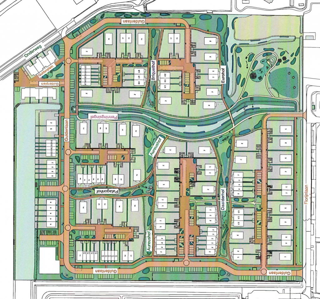 Op de afbeelding is een plattegrond voor de nieuwe wijk ’t Suyt 2 te zien. De nieuwe wijk ligt tussen de Onderweg, de Florijnlaan en het terrein van voetbalvereniging CVV Be Fair. Op de kaart staan alle 160 woningen die er gaan komen. Door de wijk zijn ook de straten aangegeven (in de kleur bruin) en de beplanting (in de kleur groen en met ronde vormen). Door het midden van de wijk loopt water (in de kleur blauw). Aan de rand van de wijk komt aan de kant van de polder een brede sloot. Naast het hospice dat aan de Florijnlaan ligt, liggen ook het plukbos en de schapenweide. De nieuwe wijk is bereikbaar via de Florijnlaan, en in de toekomst ook via de Onderweg. Op de afbeelding zijn nu ook de straatnamen te zien. 