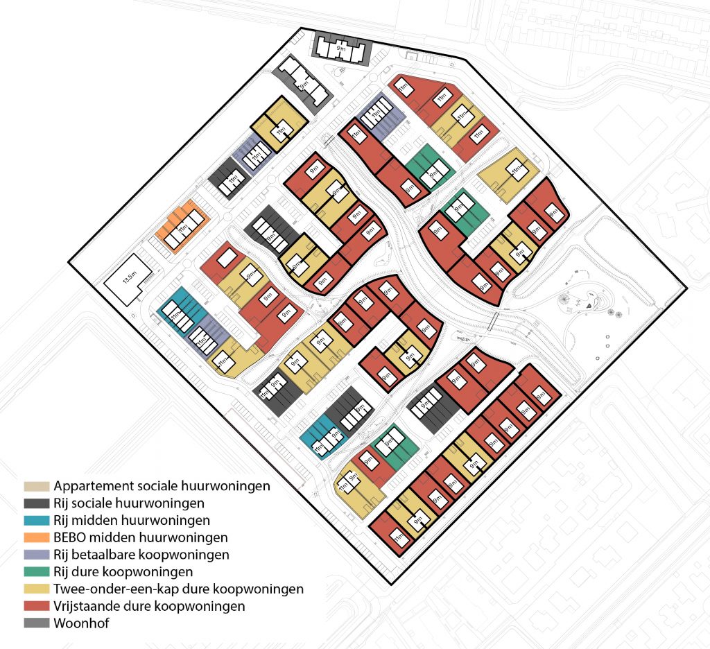 Op de afbeelding is een plattegrond voor de nieuwe wijk ’t Suyt 2 te zien. Er zijn rijen met woningen met verschillende kleuren te zien. De verschillende kleuren geven de verschillende type woningen aan. De nieuwe wijk ligt tussen de Onderweg, de Florijnlaan en het terrein van voetbalvereniging CVV Be Fair. Op de kaart staan alle 160 woningen die er gaan komen. 
Deze zijn onderverdeeld in: appartement sociale huurwoningen, sociale huurwoningen, BEBO huurwoningen, betaalbare koopwoningen, dure koopwoningen, twee-onder-een kap dure koopwoningen, vrijstaande dure koopwoningen en een woonhof. 