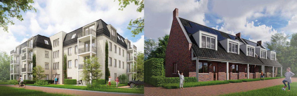 Impressie afbeelding van het appartementencomplex en 24 eengezinswoningen.